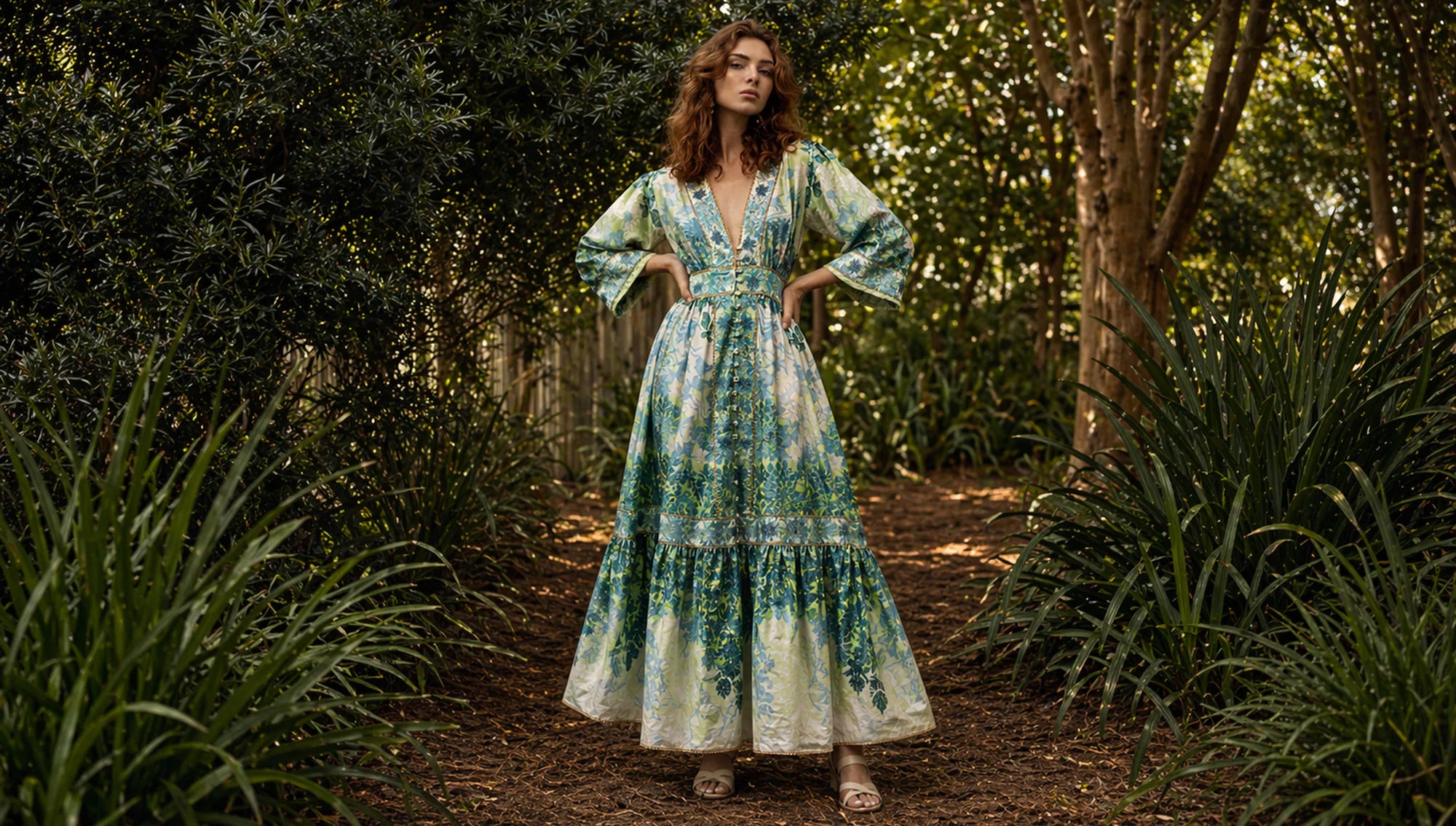 Woman in a floral dress standing in a forest setting