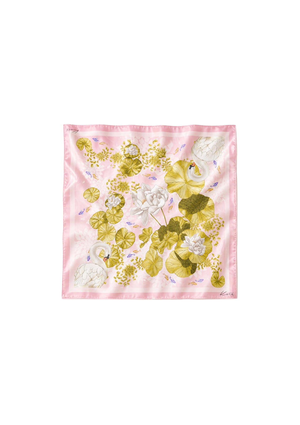 A square kore collections silk scarf with a light pink border and a central botanical print featuring green leaves, white flowers, and yellow-green ginkgo leaves, laid flat on a white background.