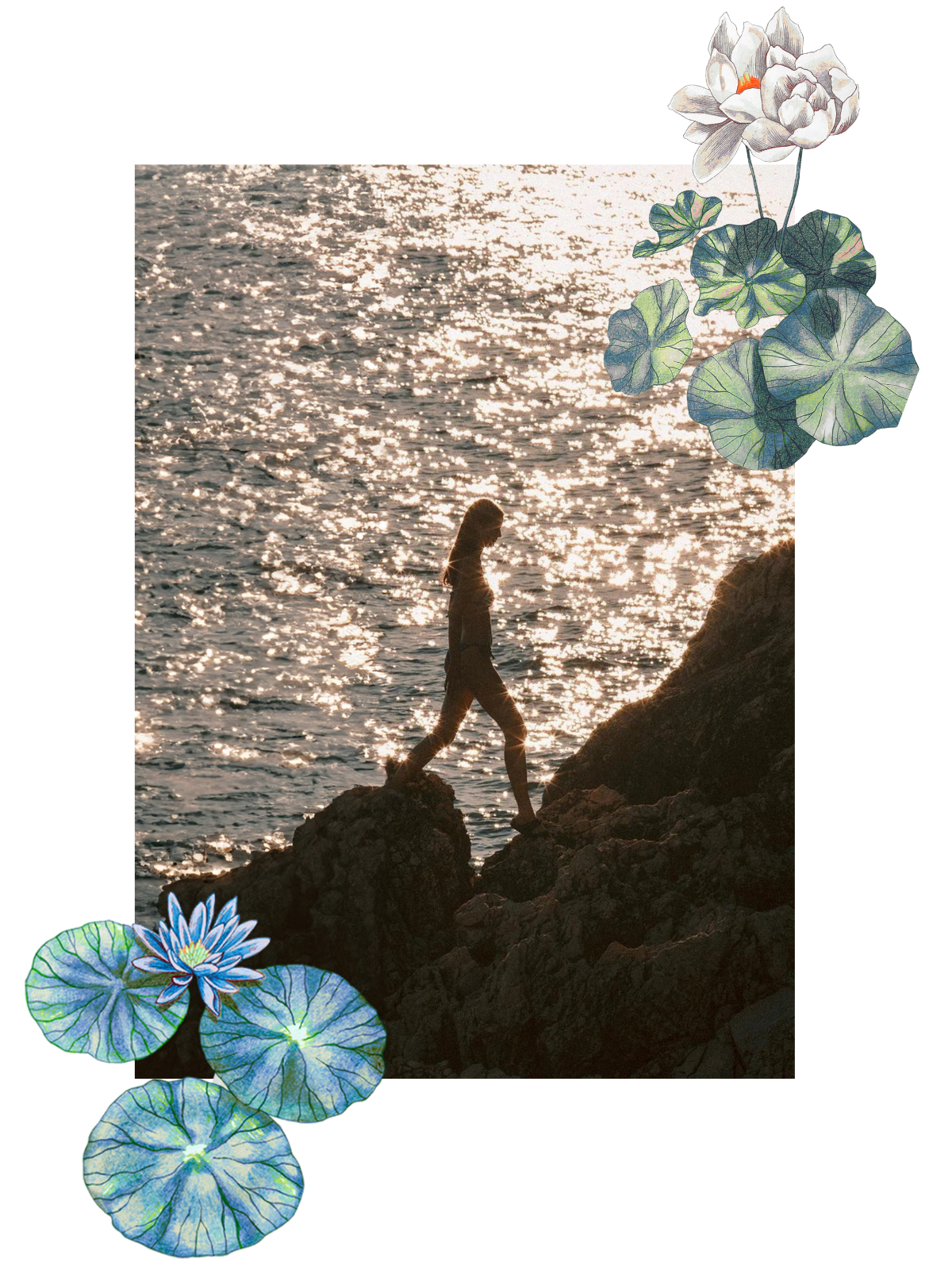 Silhouette of a person by the water with decorative water lily elements