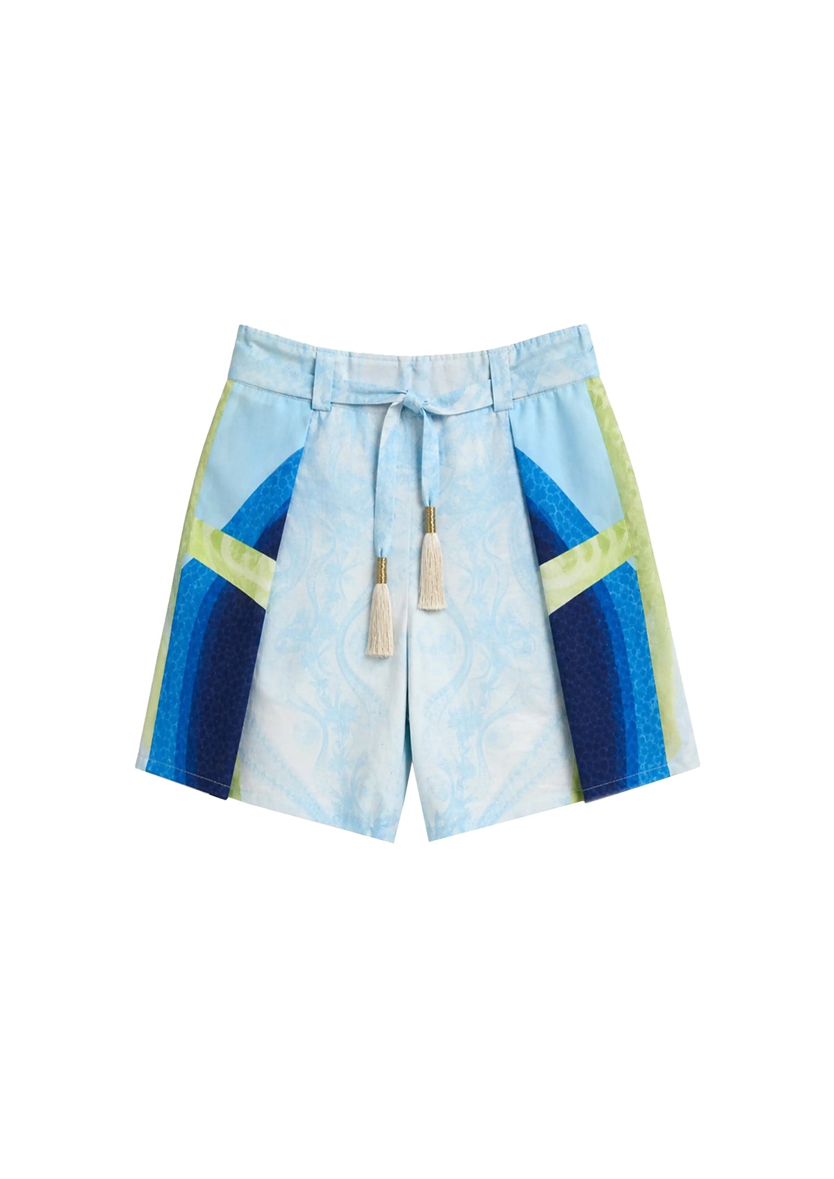 Koré Collections Light blue patterned shorts with geometric color-blocked panels in navy blue, lime green, and white, featuring a drawstring waist with beige tassels.