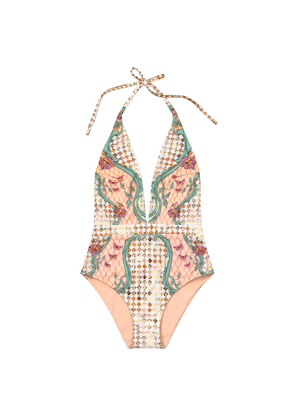 Blooming Day V-neck one-piece swimsuit by Koré Collections with halterneck straps and open back.