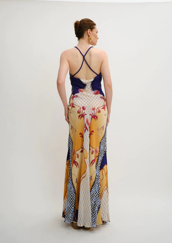 Koré Collections Blooming Night Siren Maxi Dress featuring an open-back design, back view.
