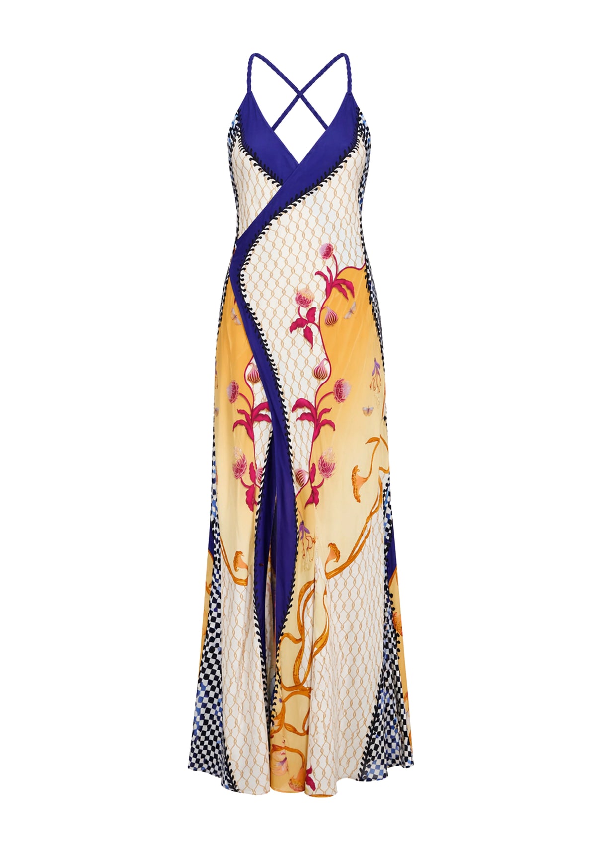 A sleeveless halter Koré collections maxi dress with a cream base, a yellow floral print, and royal blue trim, shown against a plain white background.