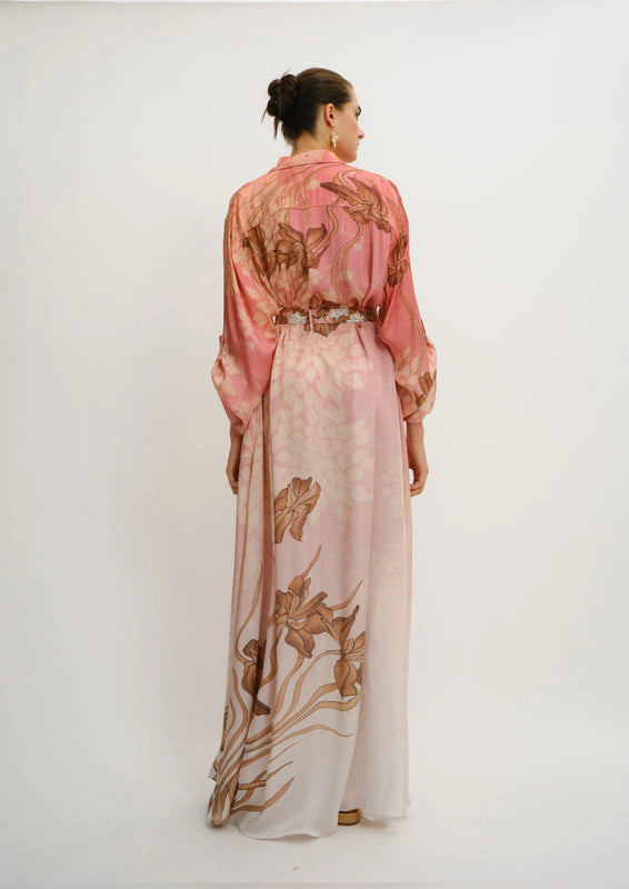 Back view of the Jardin au Soleil Rosa maxi shirt dress, showcasing its flowing maxi silhouette.