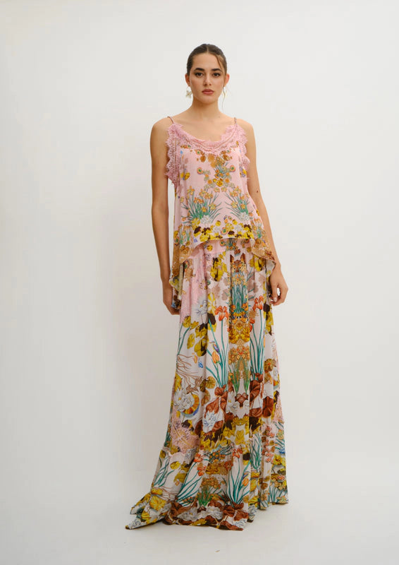 Koré Collections Summer Breeze Lacy Tank Top in the Jardin au Soleil print, front view.