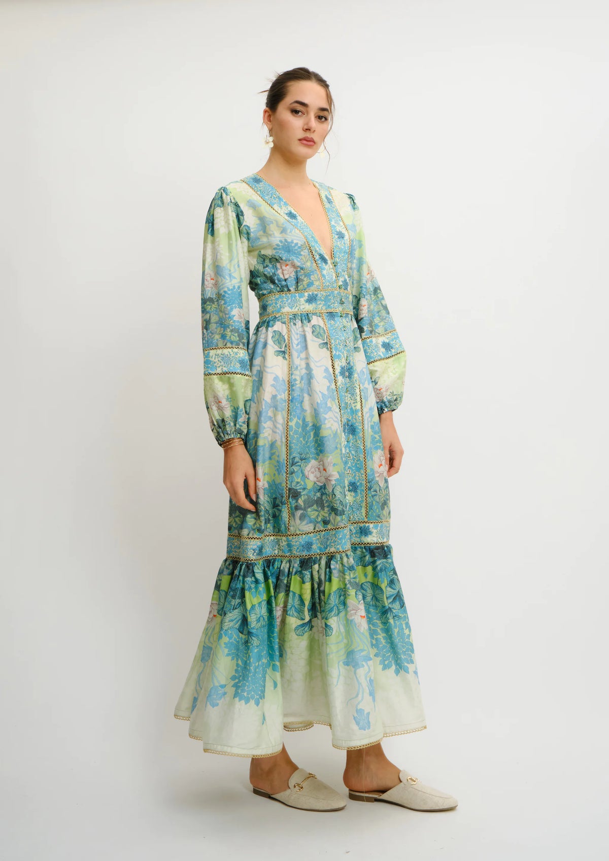 Model wearing Koré Collections Poesia Maxi Chemisier in the Jardin du Jour print.