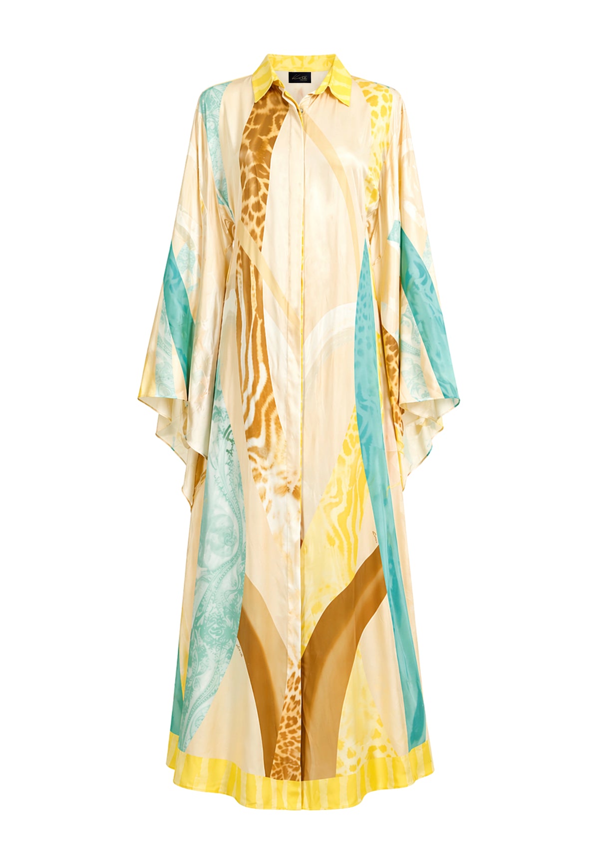 A long-sleeved, floor-length satin shirt dress featuring an abstract giraffe and watercolor print in yellow, beige, brown, and teal, shown against a plain white background.
