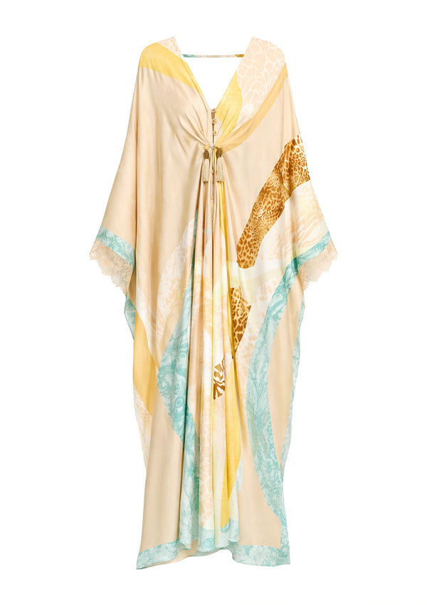 Sahara Giorno Stella gathered cover-up by Koré Collections in satin with lace detailing and tassel accents.