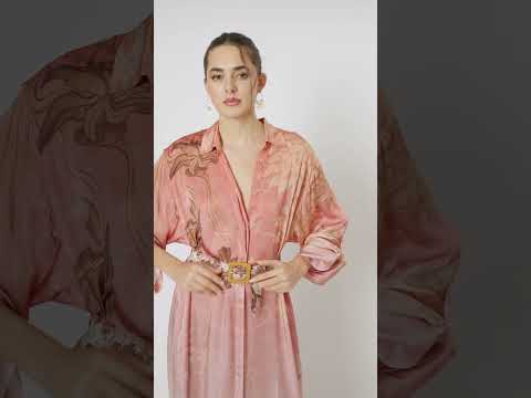 Jardin au Soleil Rosa Maxi Shirt Dress by Koré Collections, showcasing its flowing maxi silhouette, elegant kimono sleeves and matching printed belt.
