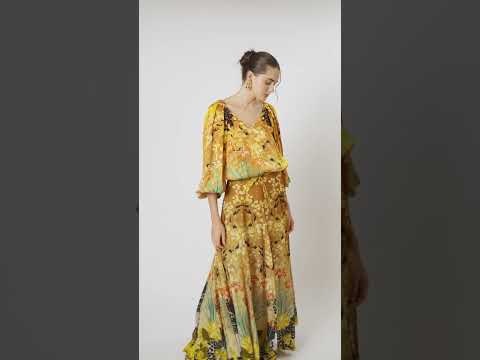 Jardin de Lune Triangle Maxi Skirt by Koré Collections, showcasing its fluid natural crepe fabric and elegant maxi silhouette.