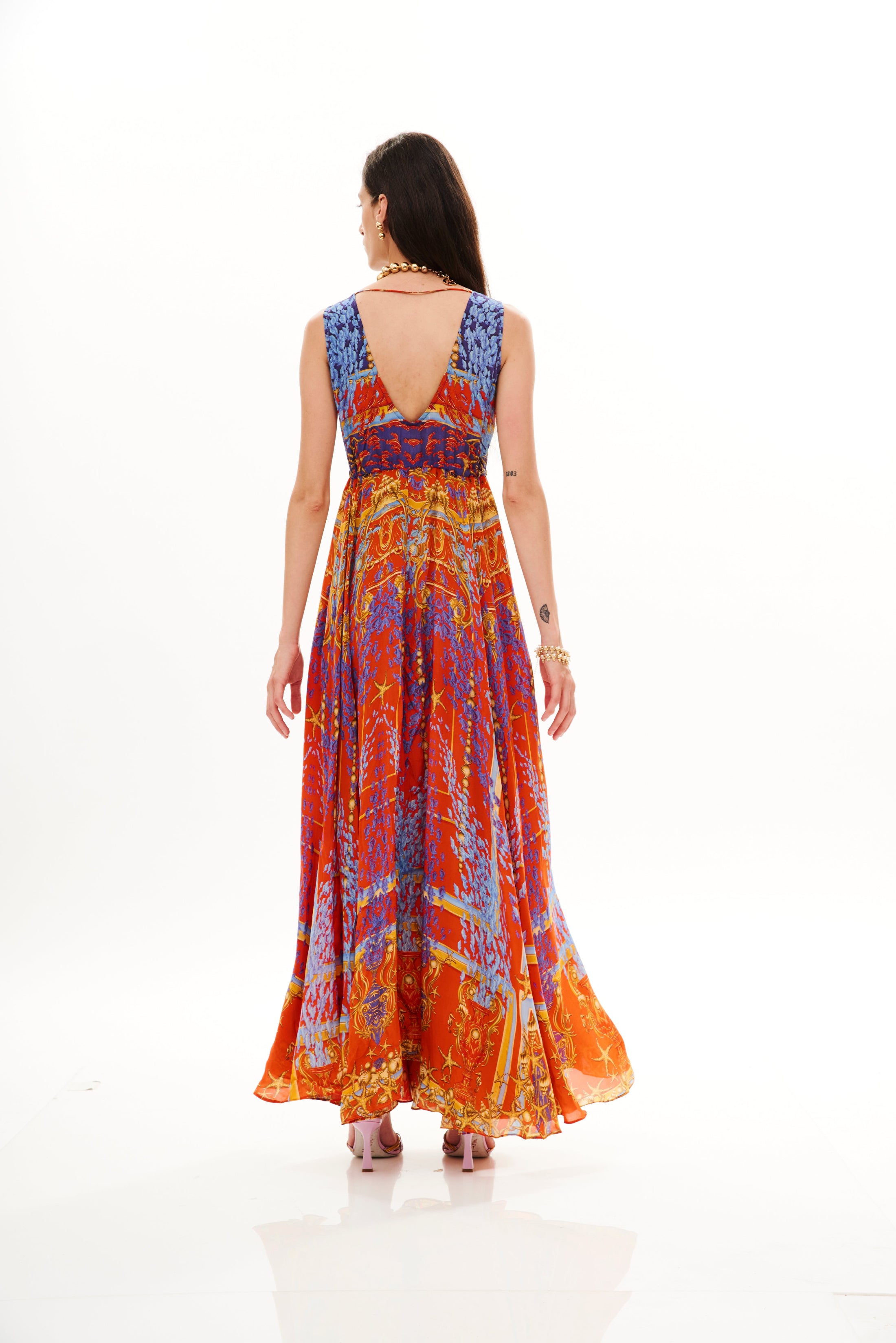 V-Shape Long Dress Poseidon Dream Sunset in cherry satin
