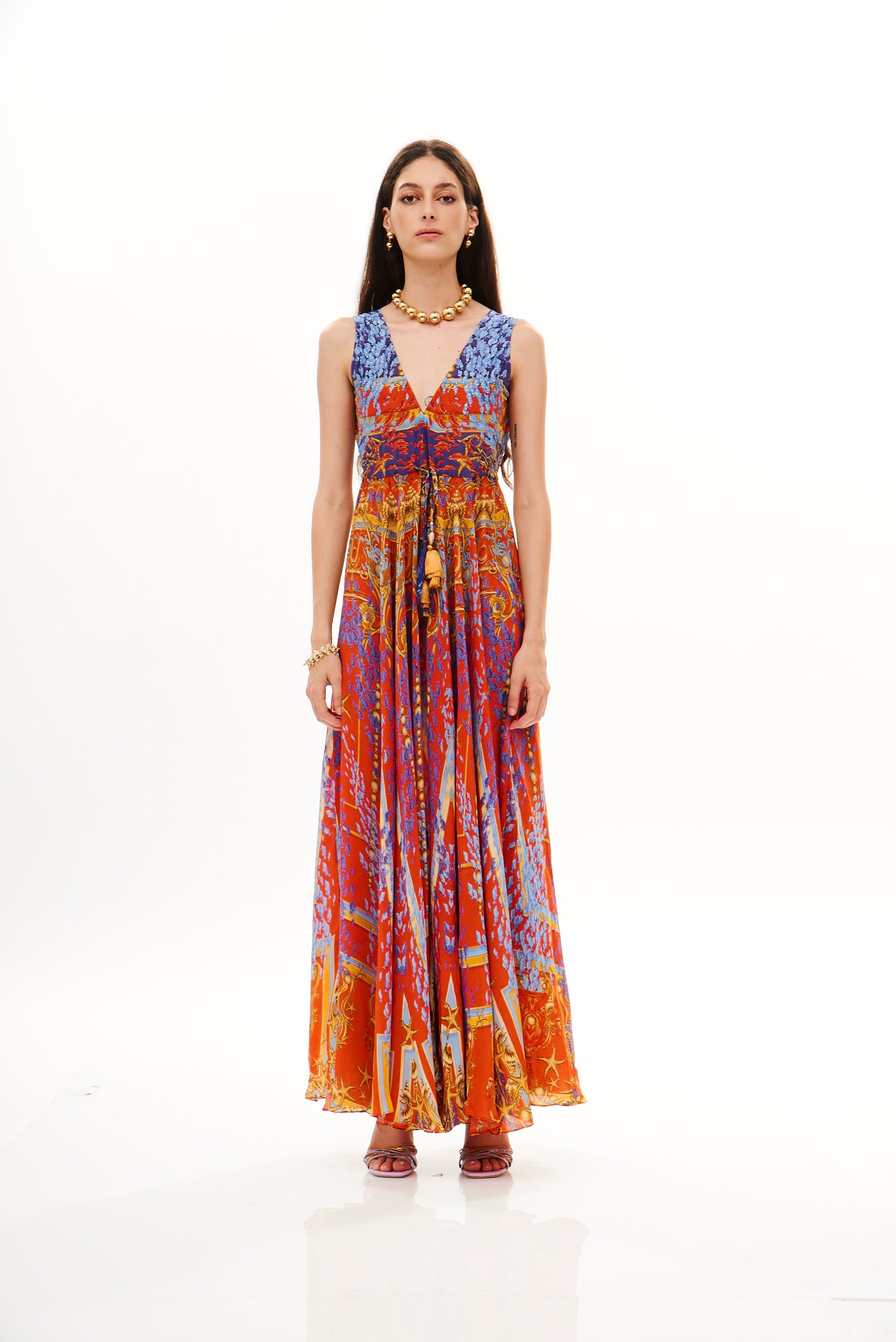 V-Shape Long Dress Poseidon Dream Sunset in cherry satin