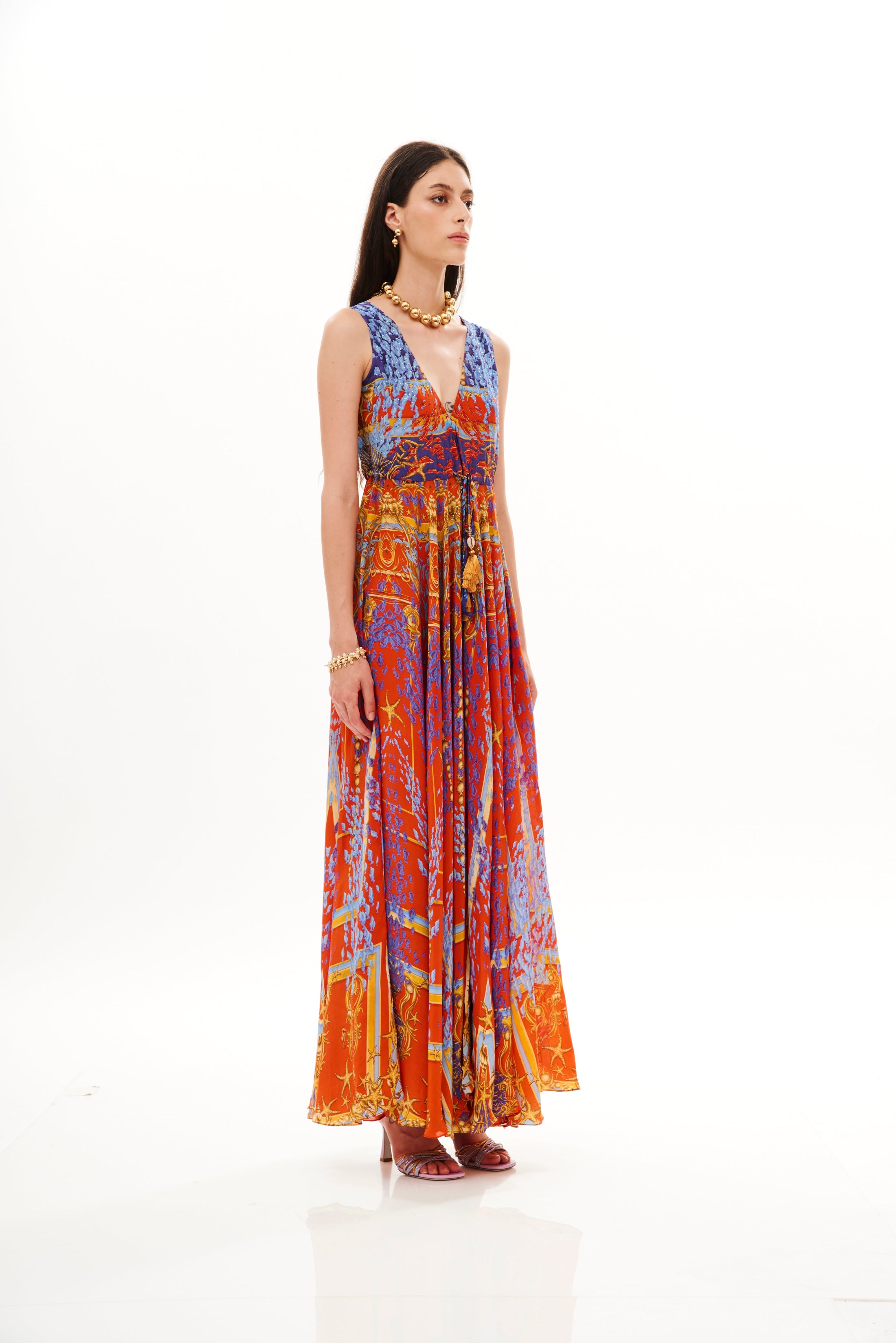 V-Shape Long Dress Poseidon Dream Sunset in cherry satin