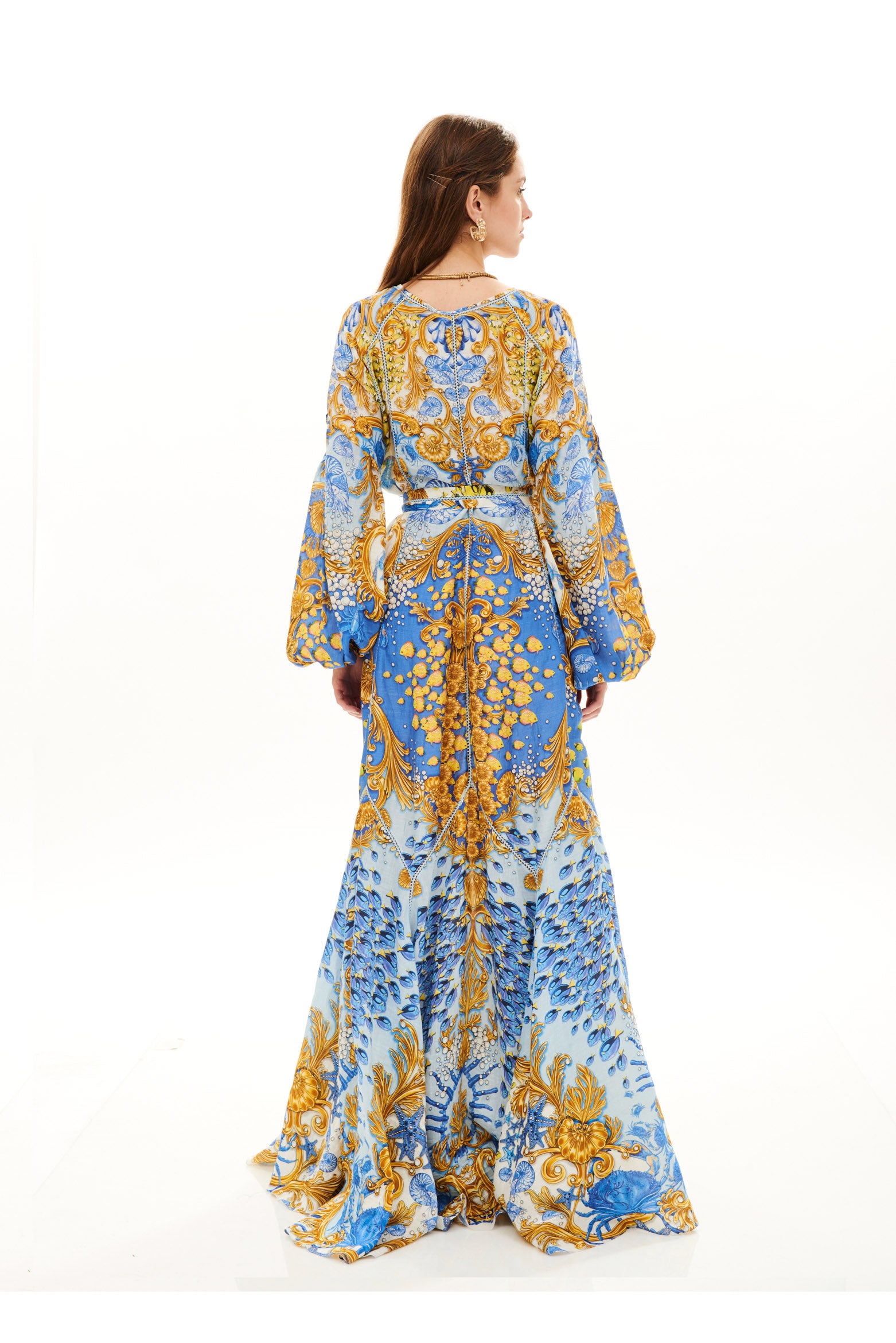 Vishivanka dress in 15% Linen and 85% Viscose with "Mare Tesor Giorno" print.
