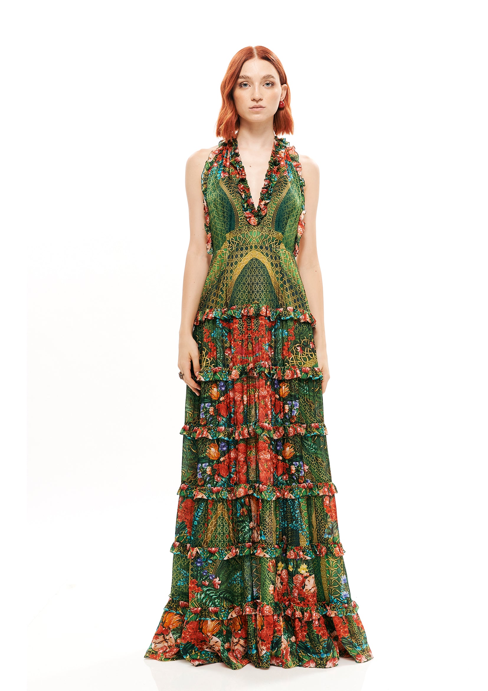 Backless knot midi dress in 100% Viscose with "Alice Garden Jungle" print.