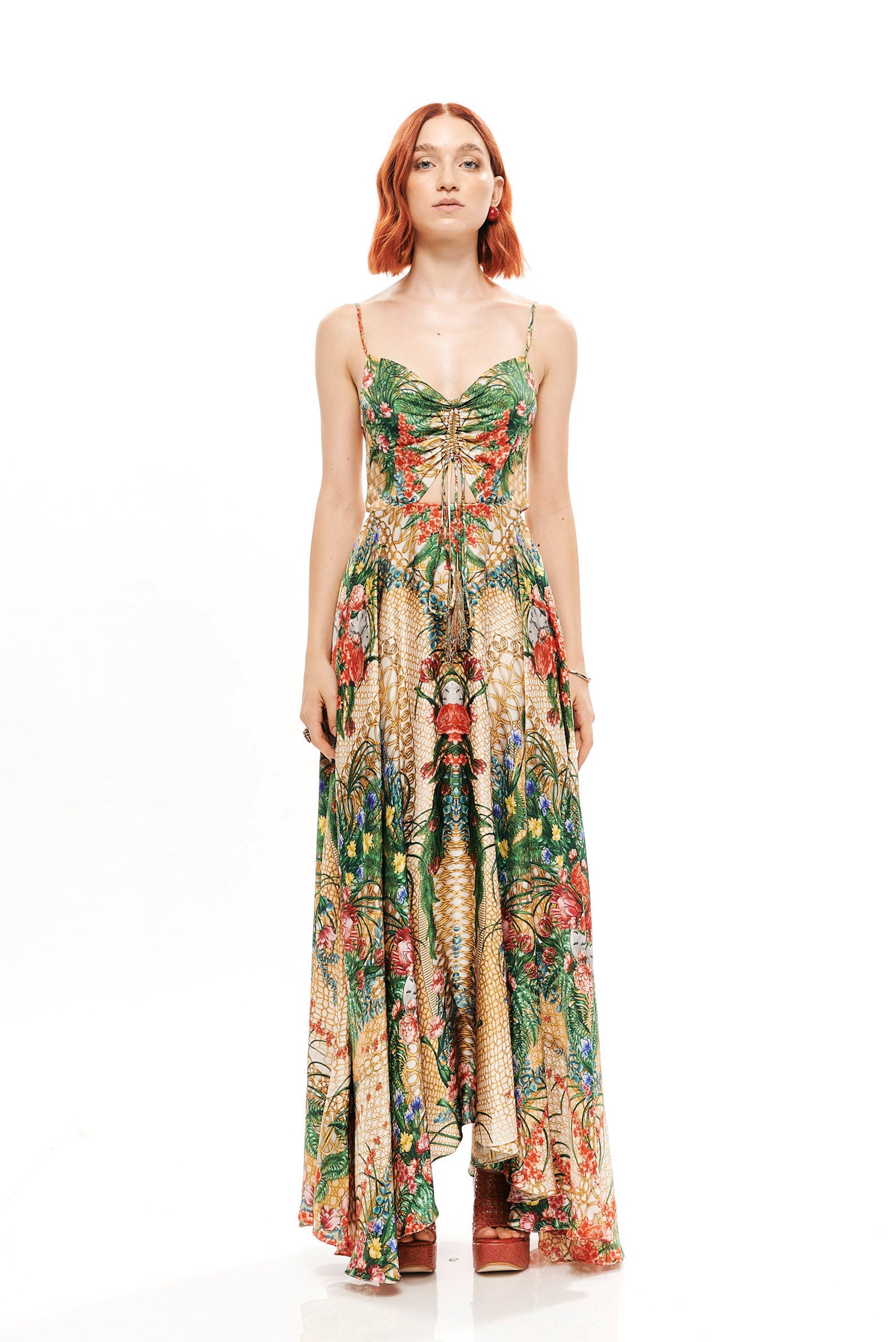 V-shape long dress with back bow in Silk Bemberg with "Alice Garden Natural Sand" print.
