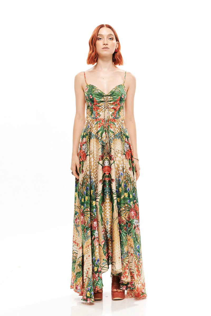 V- SHAPE LONG DRESS WITH BACK BOW