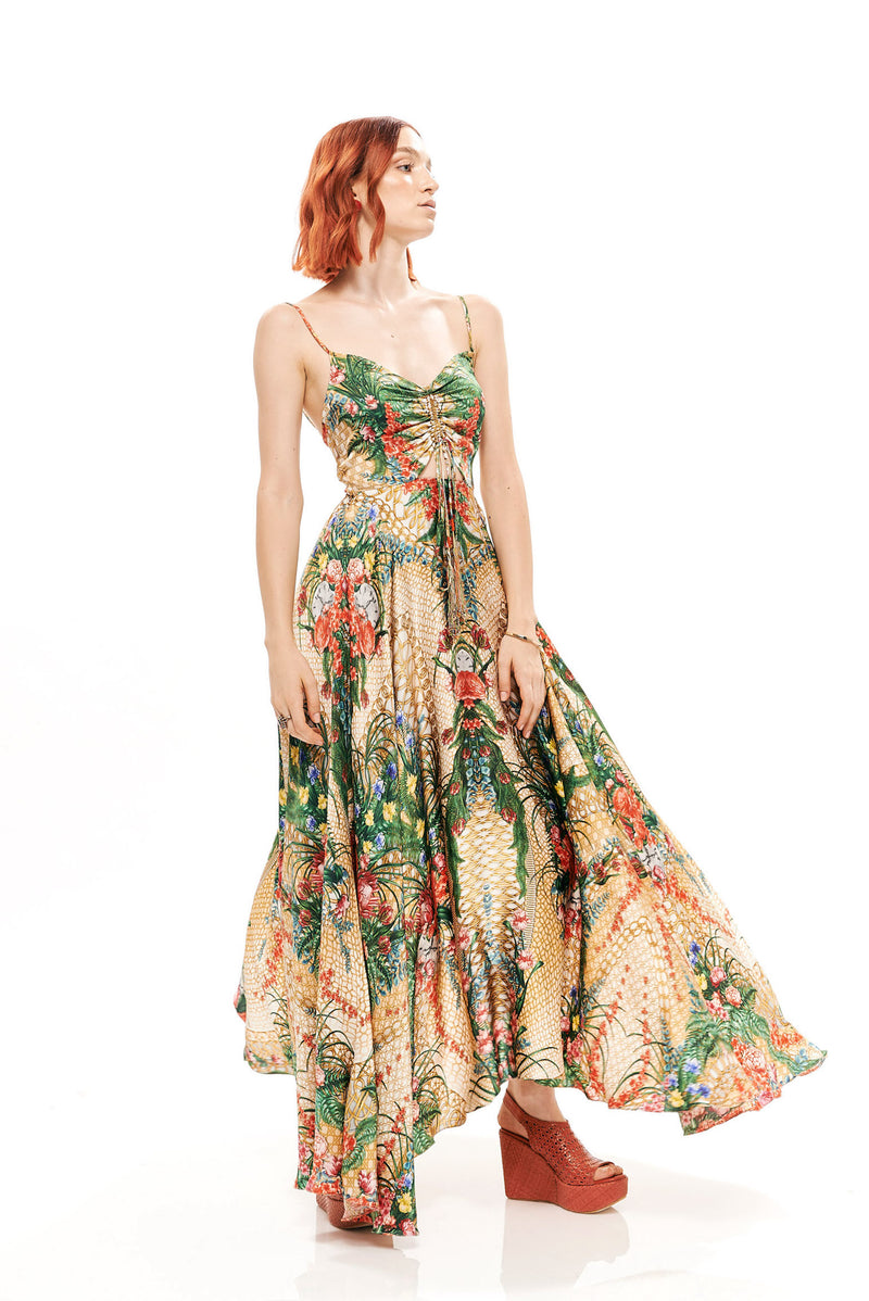 V- SHAPE LONG DRESS WITH BACK BOW