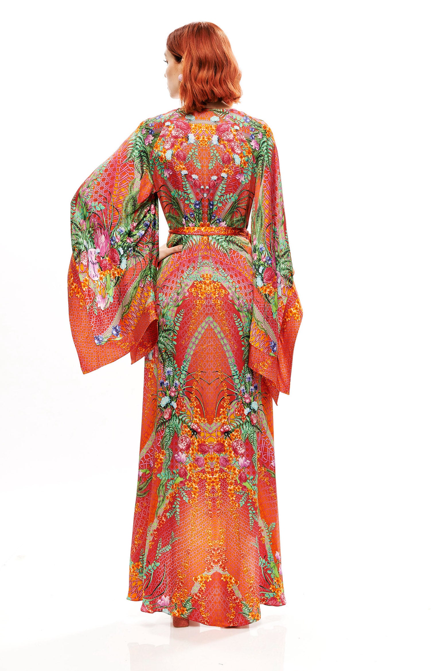 Wrap-around pleat dress in 40% Silk and 60% Bemberg with "Alice Garden Neon Sunset" print.