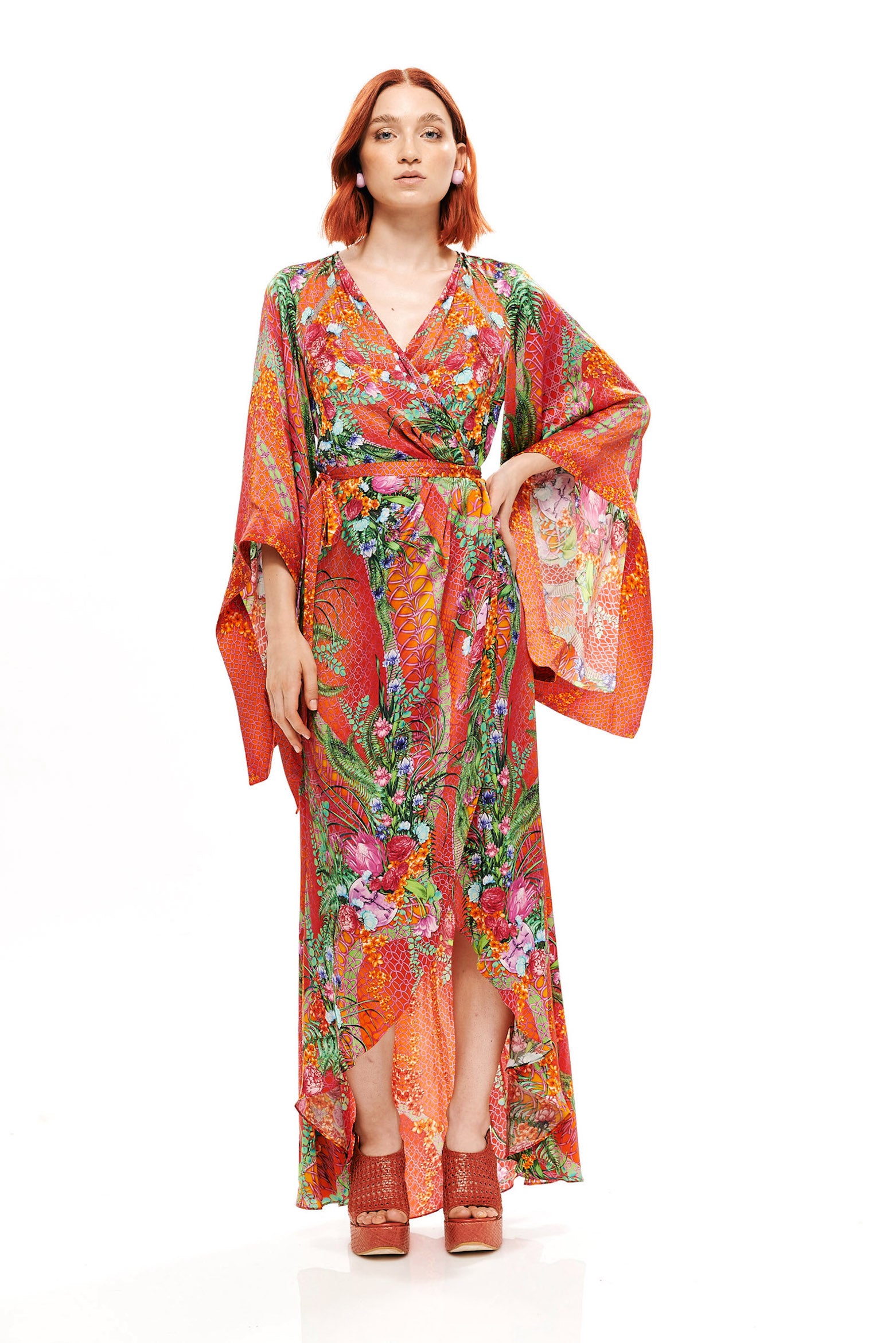 Wrap-around pleat dress in 40% Silk and 60% Bemberg with "Alice Garden Neon Sunset" print.