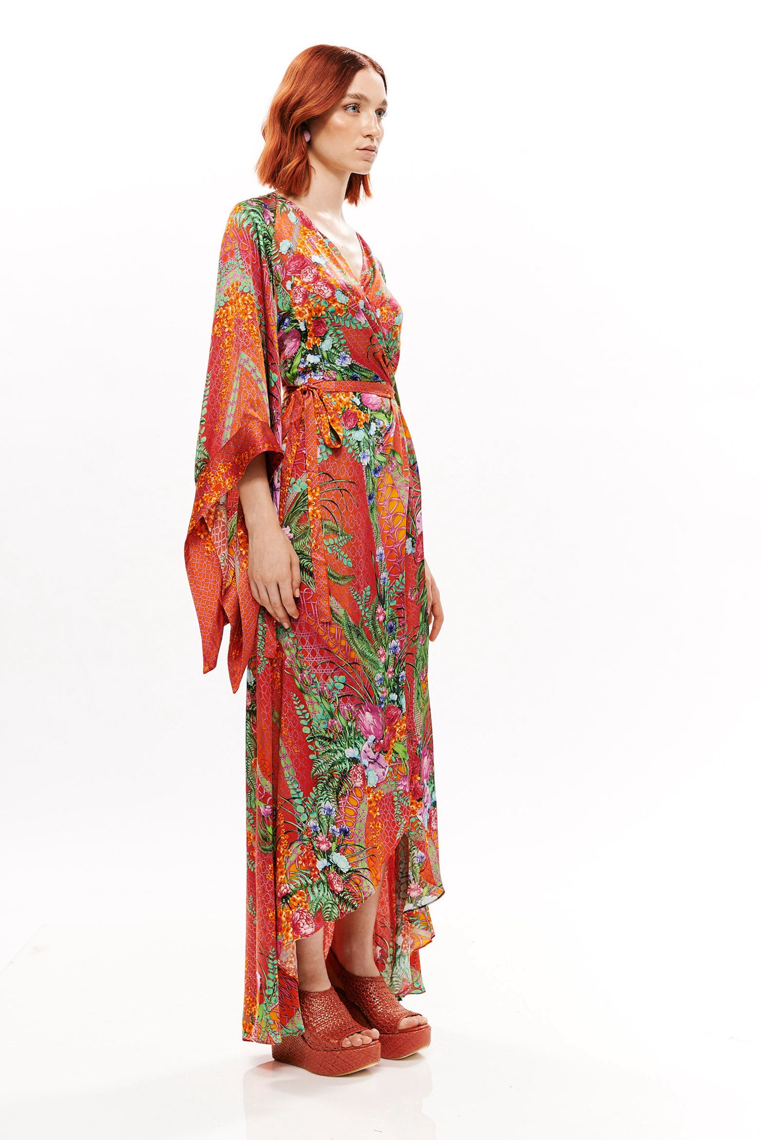 Wrap-around pleat dress in 40% Silk and 60% Bemberg with "Alice Garden Neon Sunset" print.