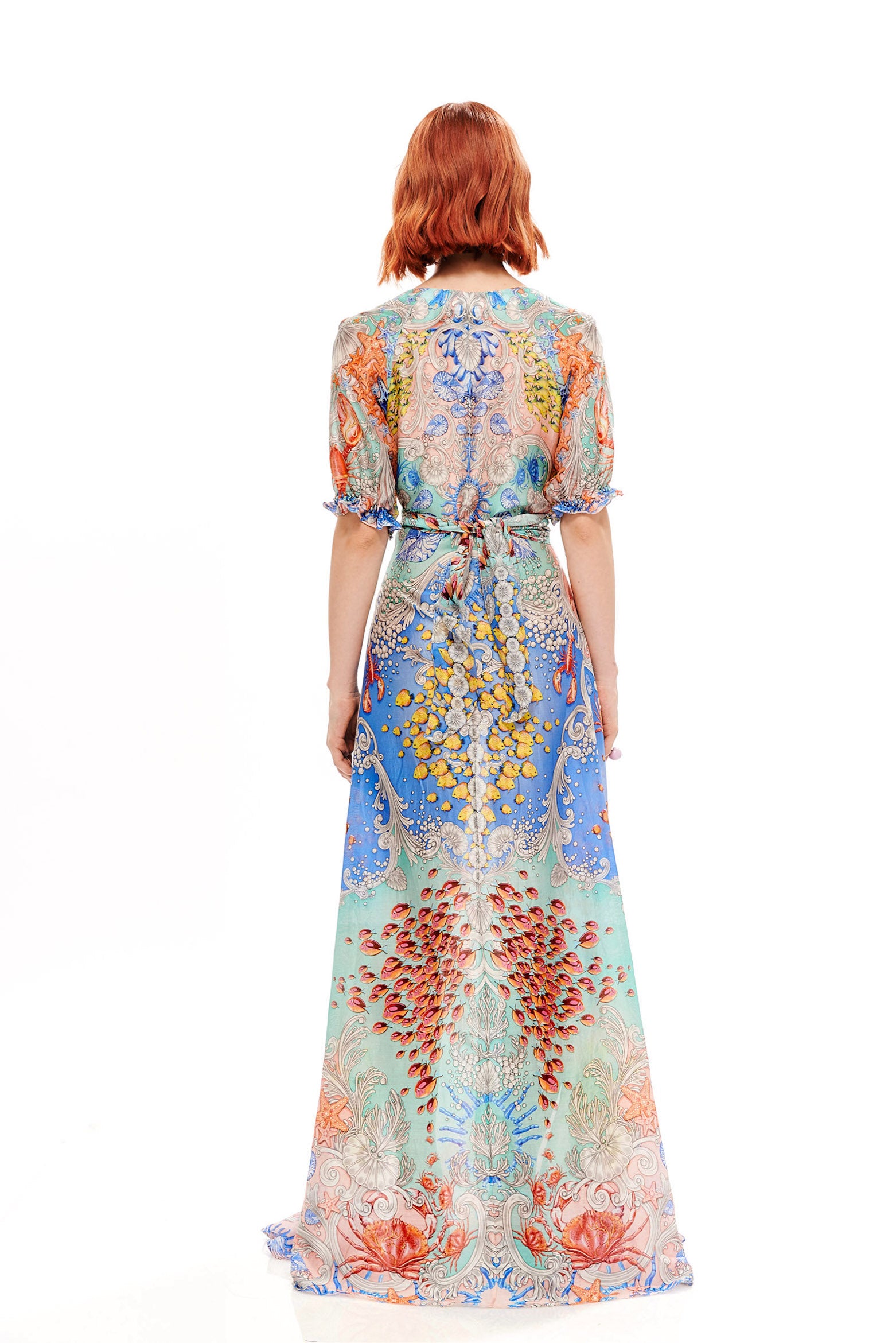 Bow draped long dress in 70% Viscose and 30% Silk with "Mare Tesor Alba" print.