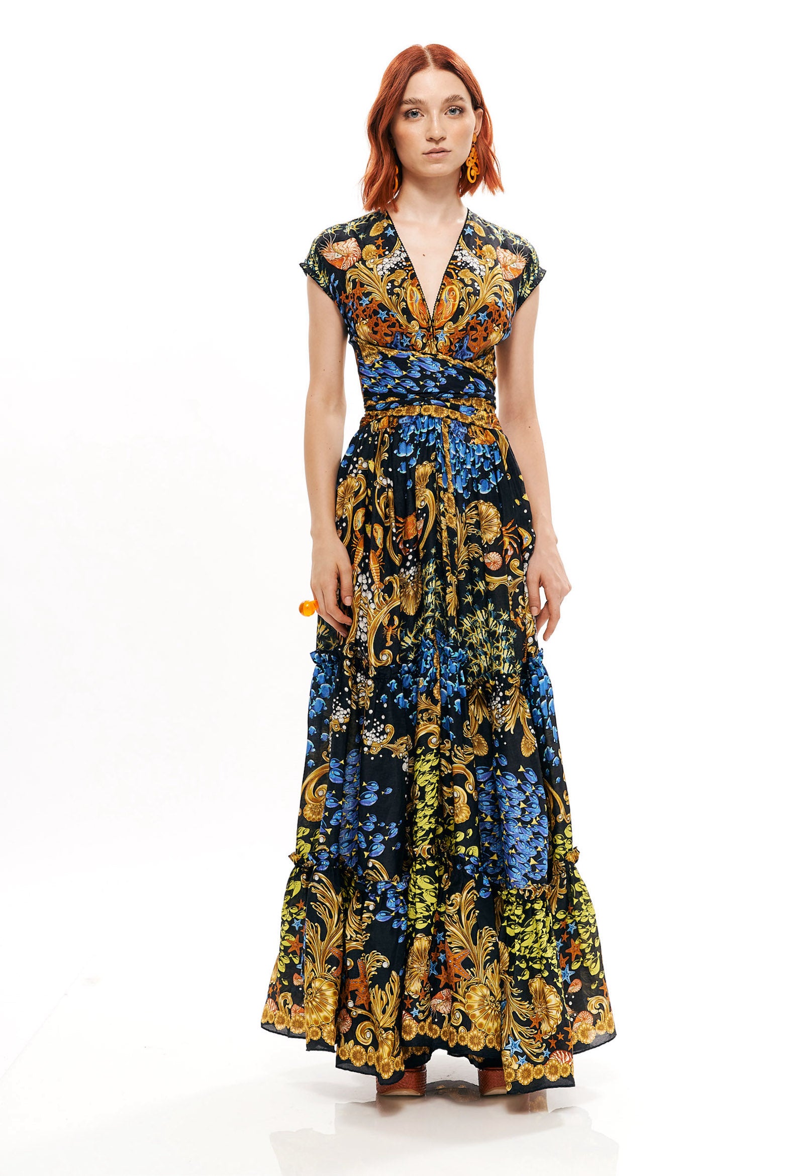 Bow draped dress with ruffles in 15% Linen and 85% Viscose with "Mare Tesor Notte" print.