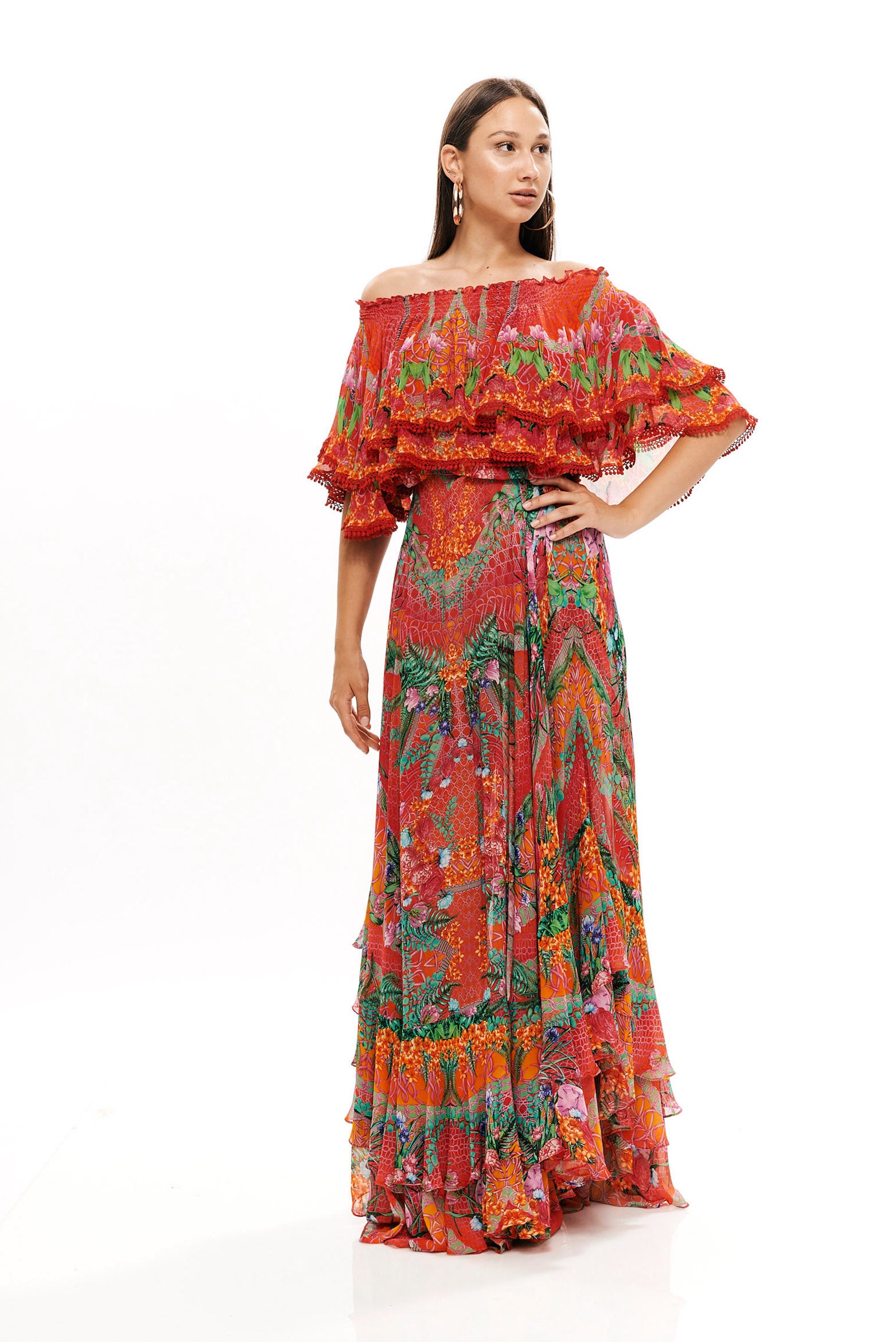 Crop top ruffle dress in 100% Viscose with "Alice Garden Neon Sunset" print.