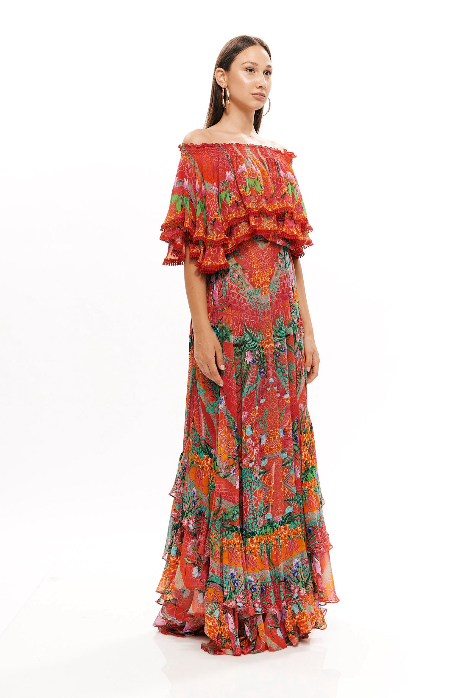 Crop top ruffle dress in 100% Viscose with "Alice Garden Neon Sunset" print.