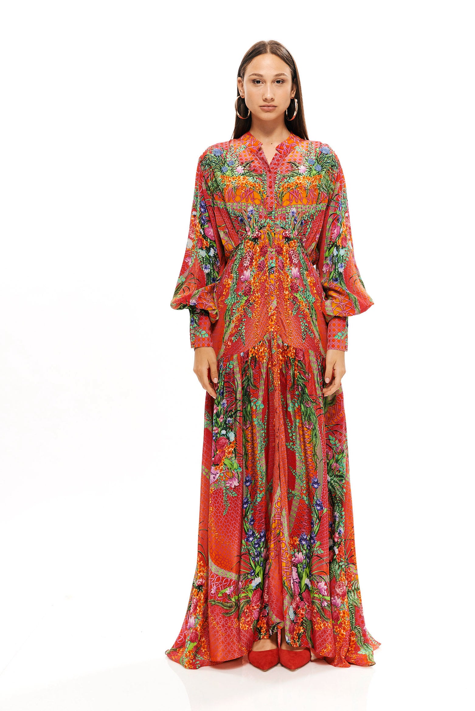 Rich puff chemisier in 40% Silk and 60% Viscose with "Alice Garden Neon Sunset" print.