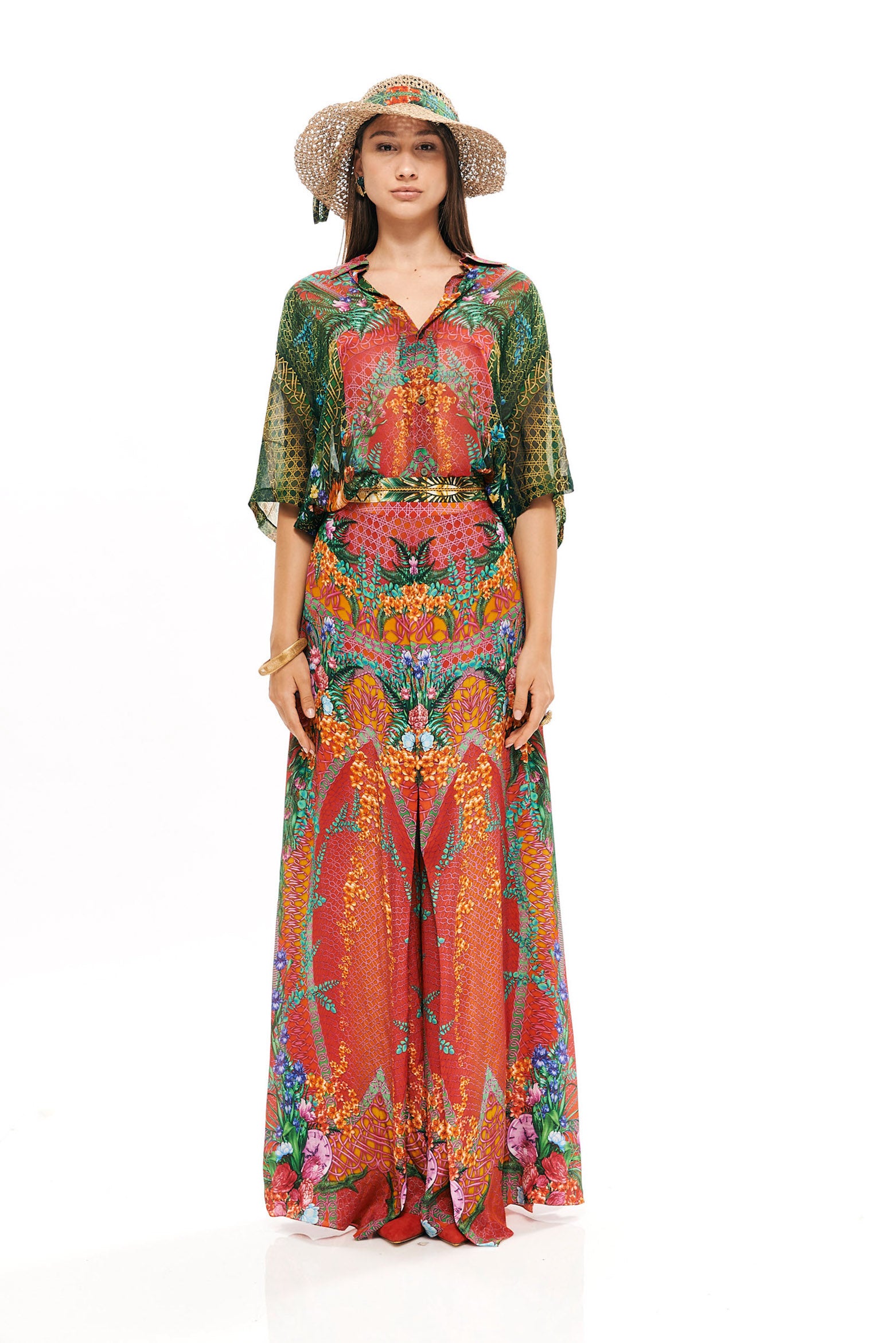 Seventies pants in 40% Silk and 60% Viscose with "Alice Garden Neon Sunset" print.