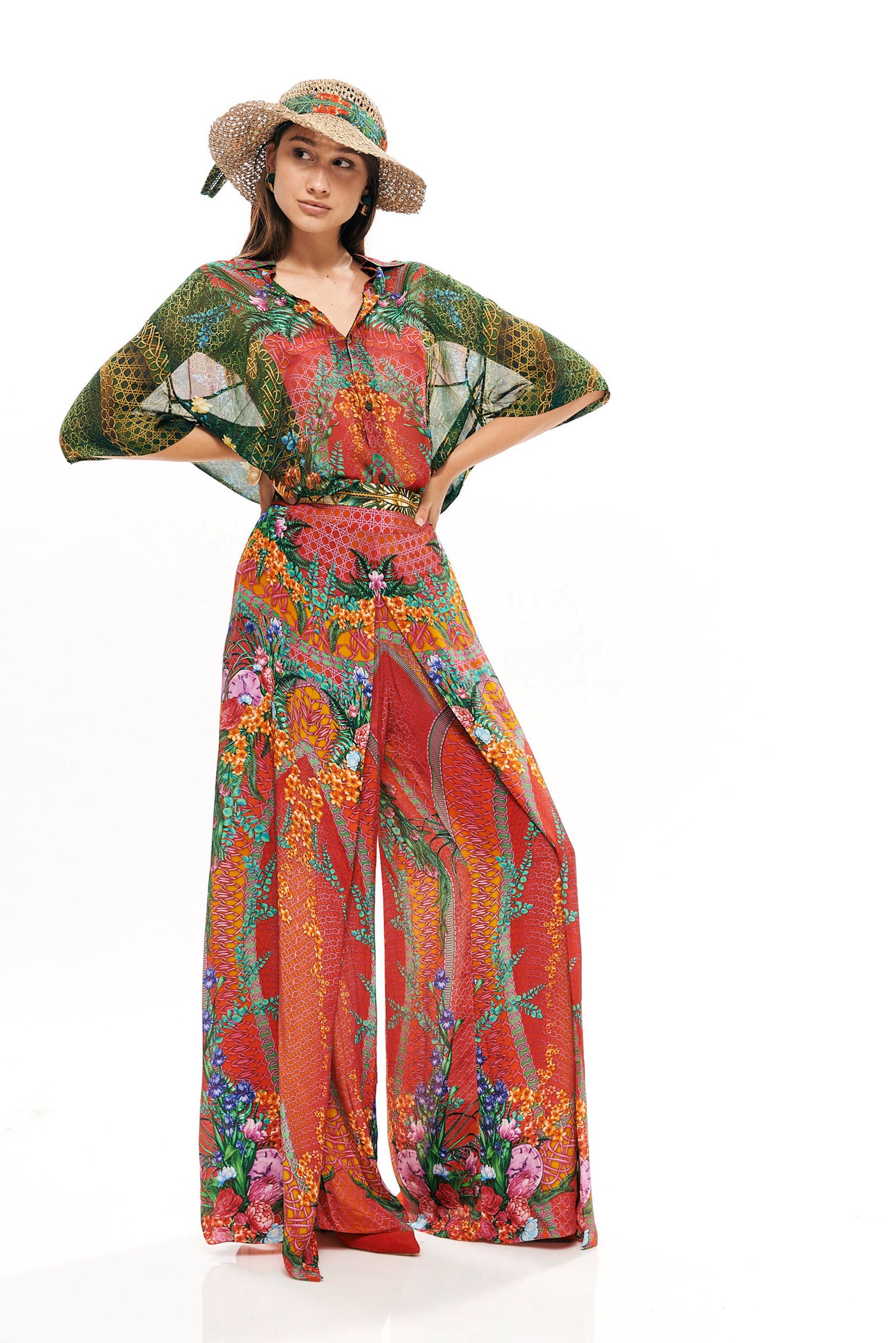 Seventies pants in 40% Silk and 60% Viscose with "Alice Garden Neon Sunset" print.