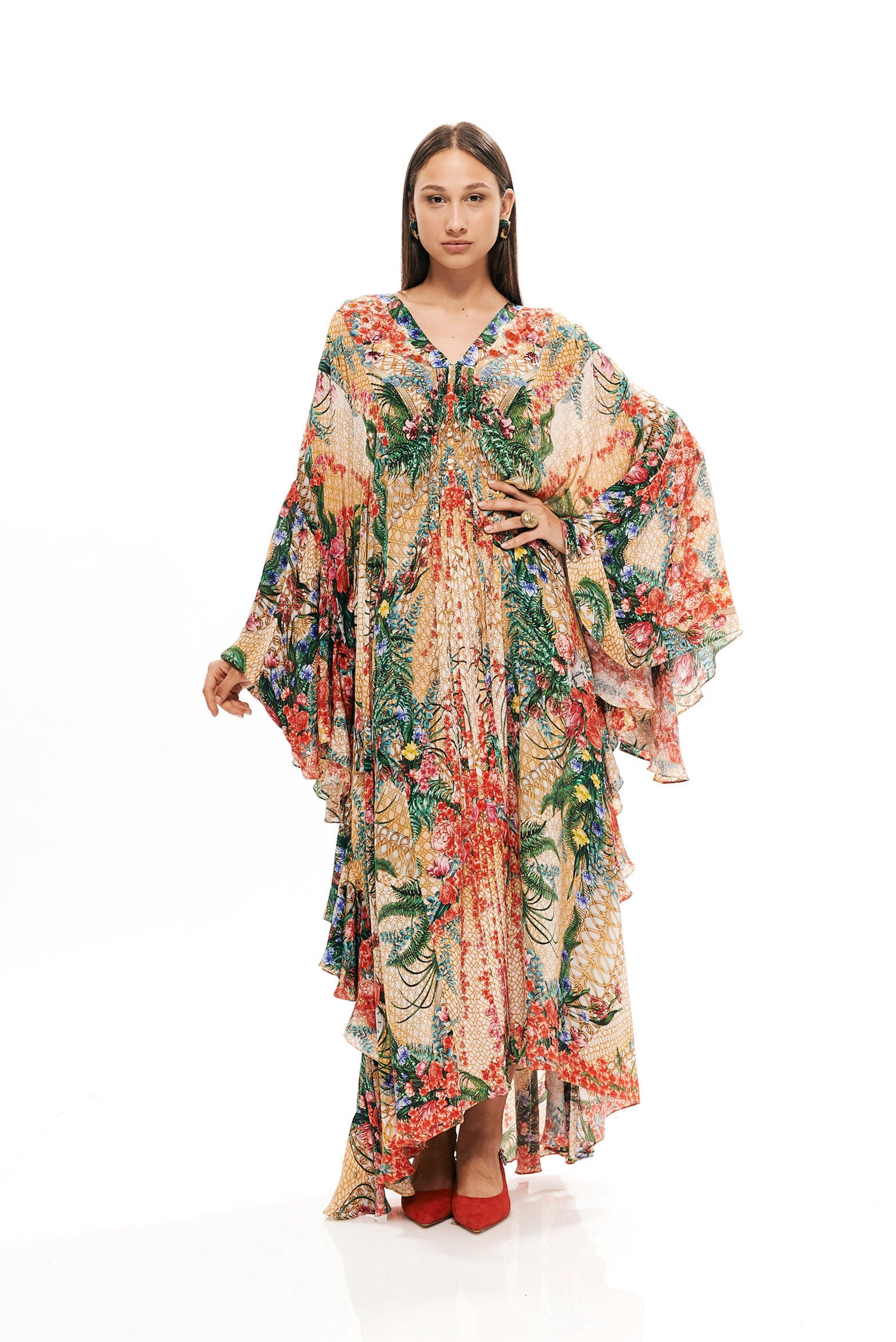 Ruffled long kaftan in 40% Silk and 60% Viscose with "Alice Garden Natural Sand" print
