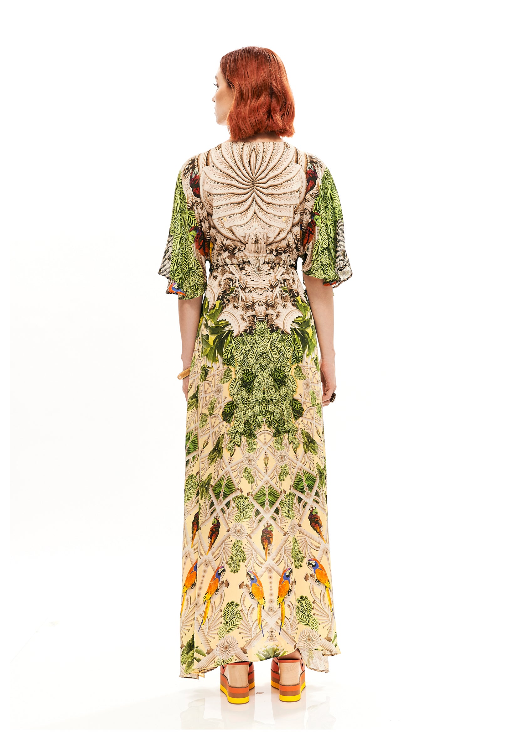 Pagoda midi dress in Silk Bemberg with "Acanthus Temple Yellow" print.