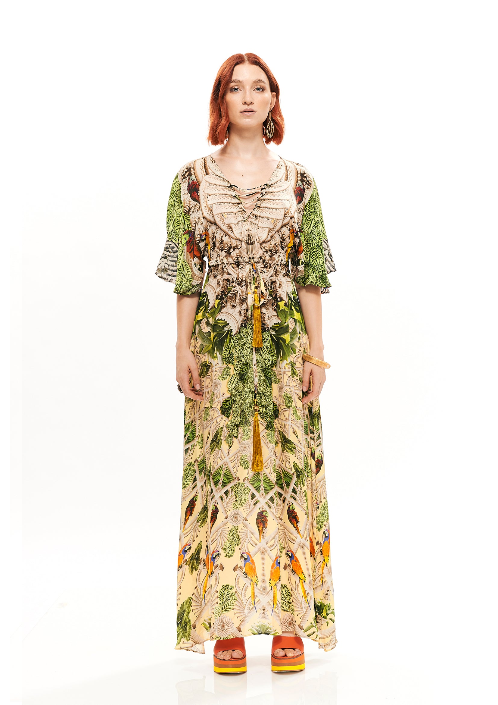 Pagoda midi dress in Silk Bemberg with "Acanthus Temple Yellow" print.