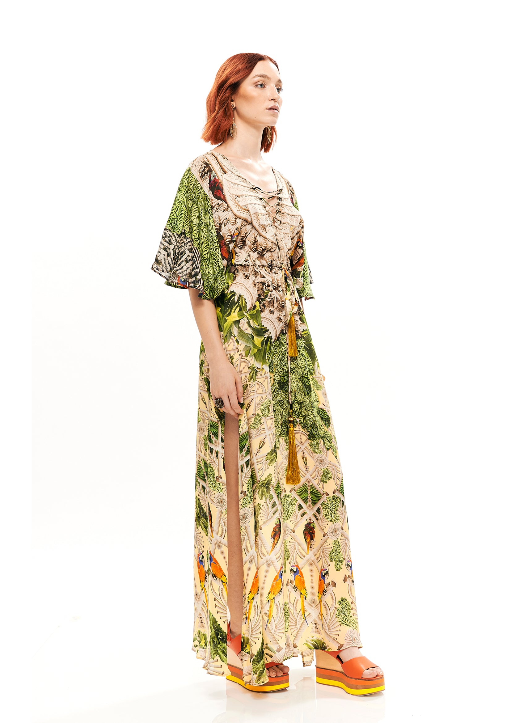 Pagoda midi dress in Silk Bemberg with "Acanthus Temple Yellow" print.