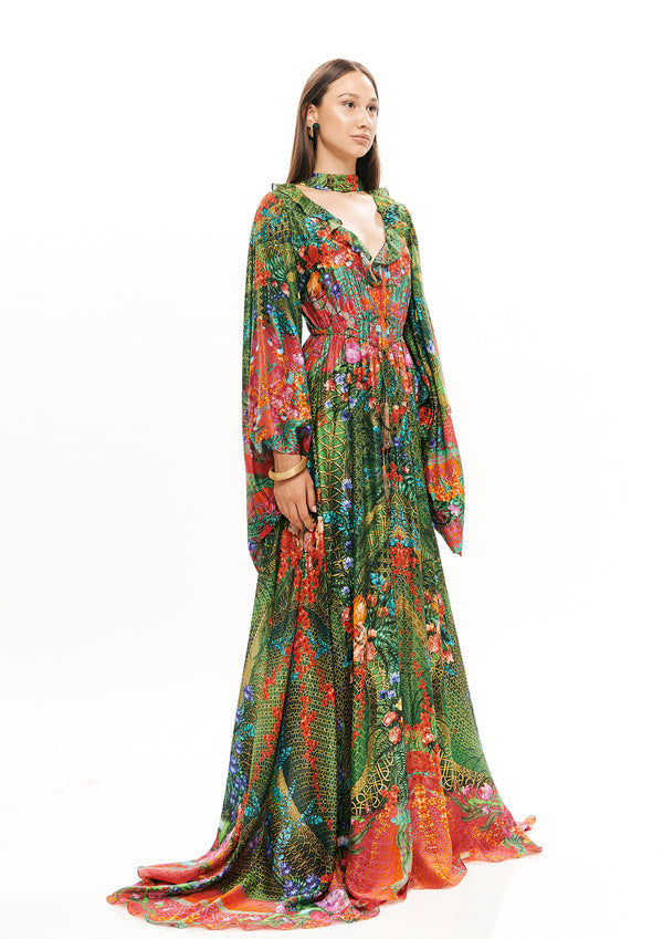 V-SHAPE RUFFLE WITH KIMONO ARMS LONG DRESS