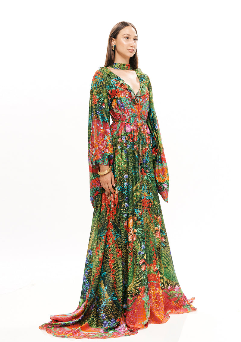 V-SHAPE RUFFLE WITH KIMONO ARMS LONG DRESS