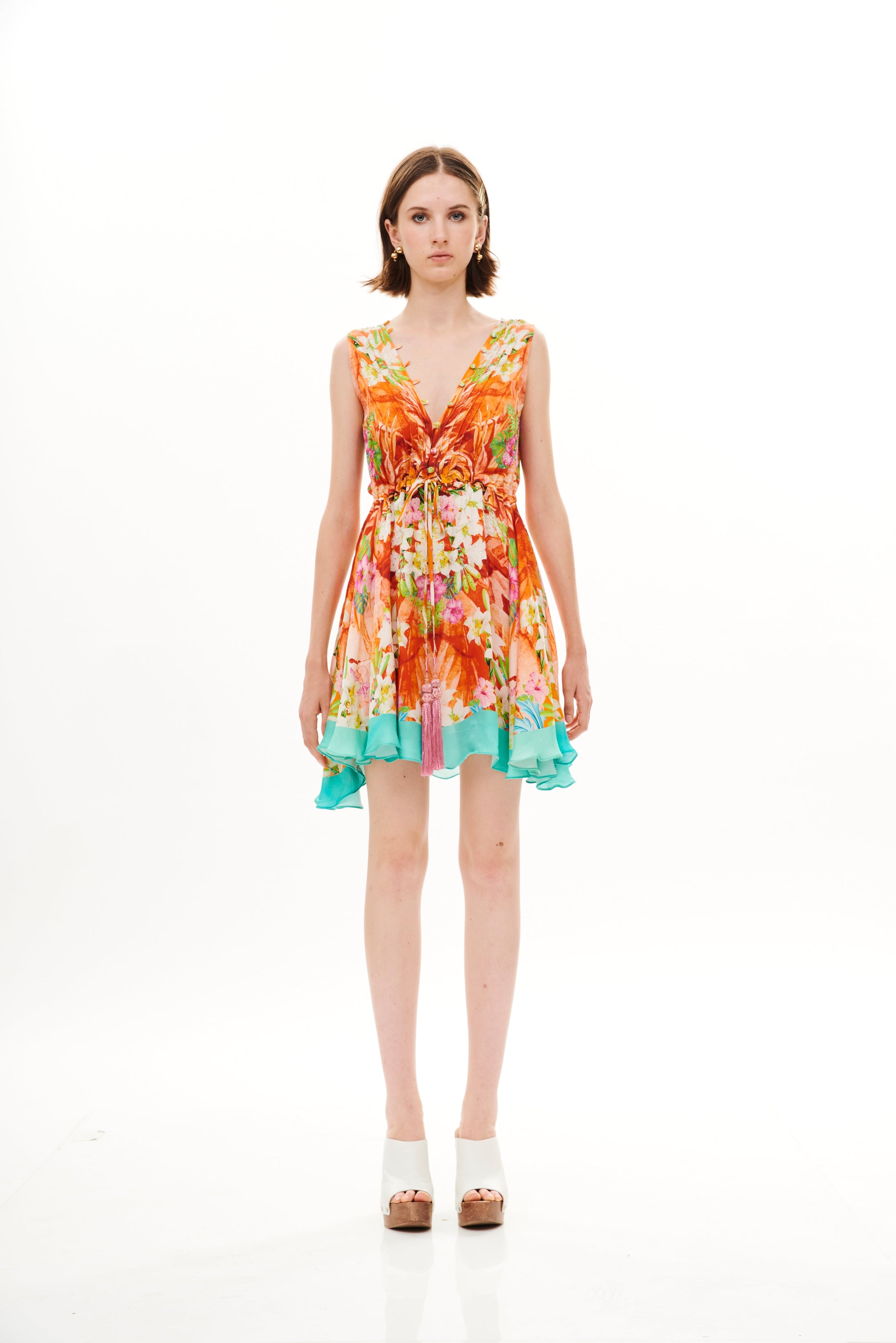 V-Shape Short Dress with Neck Details Tropical Breeze Sunrise in cherry satin