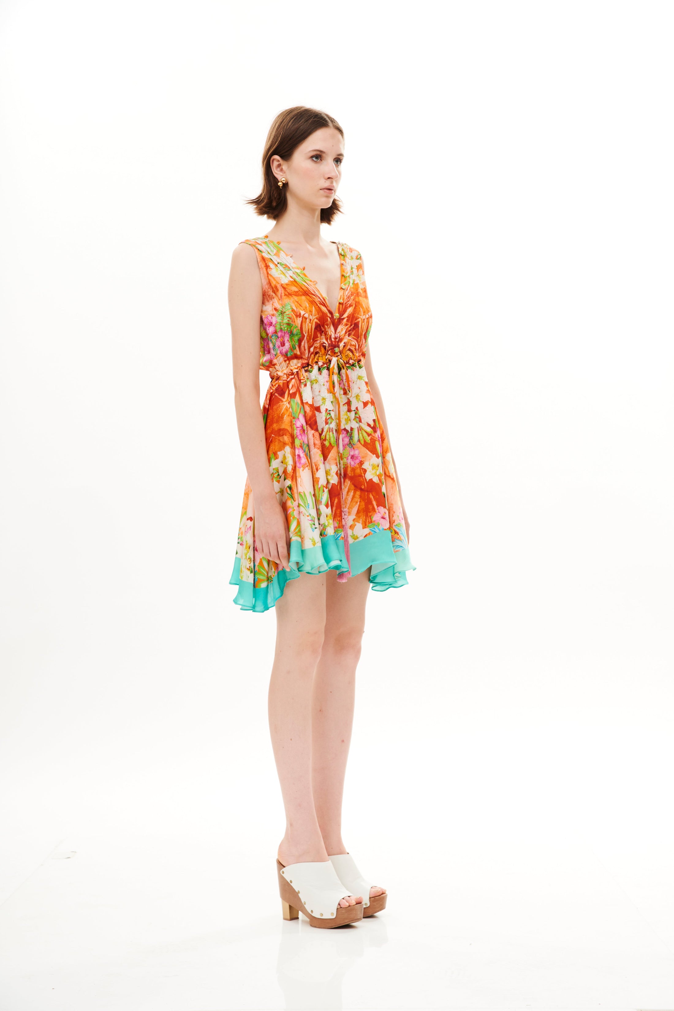 V-Shape Short Dress with Neck Details Tropical Breeze Sunrise in cherry satin