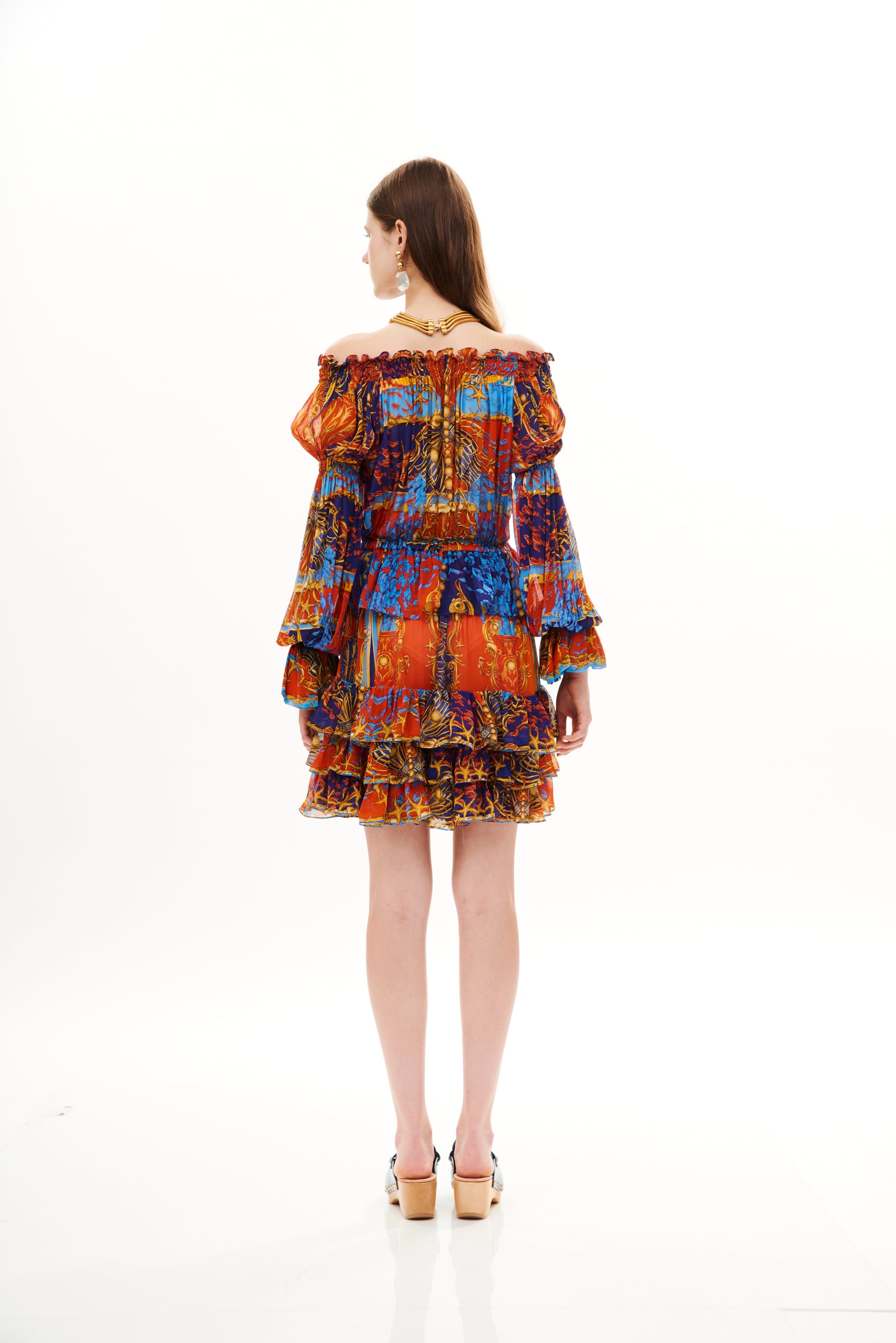 Off Shoulder Ruffle Short Dress Poseidon Dream Sunset in viscose georgette