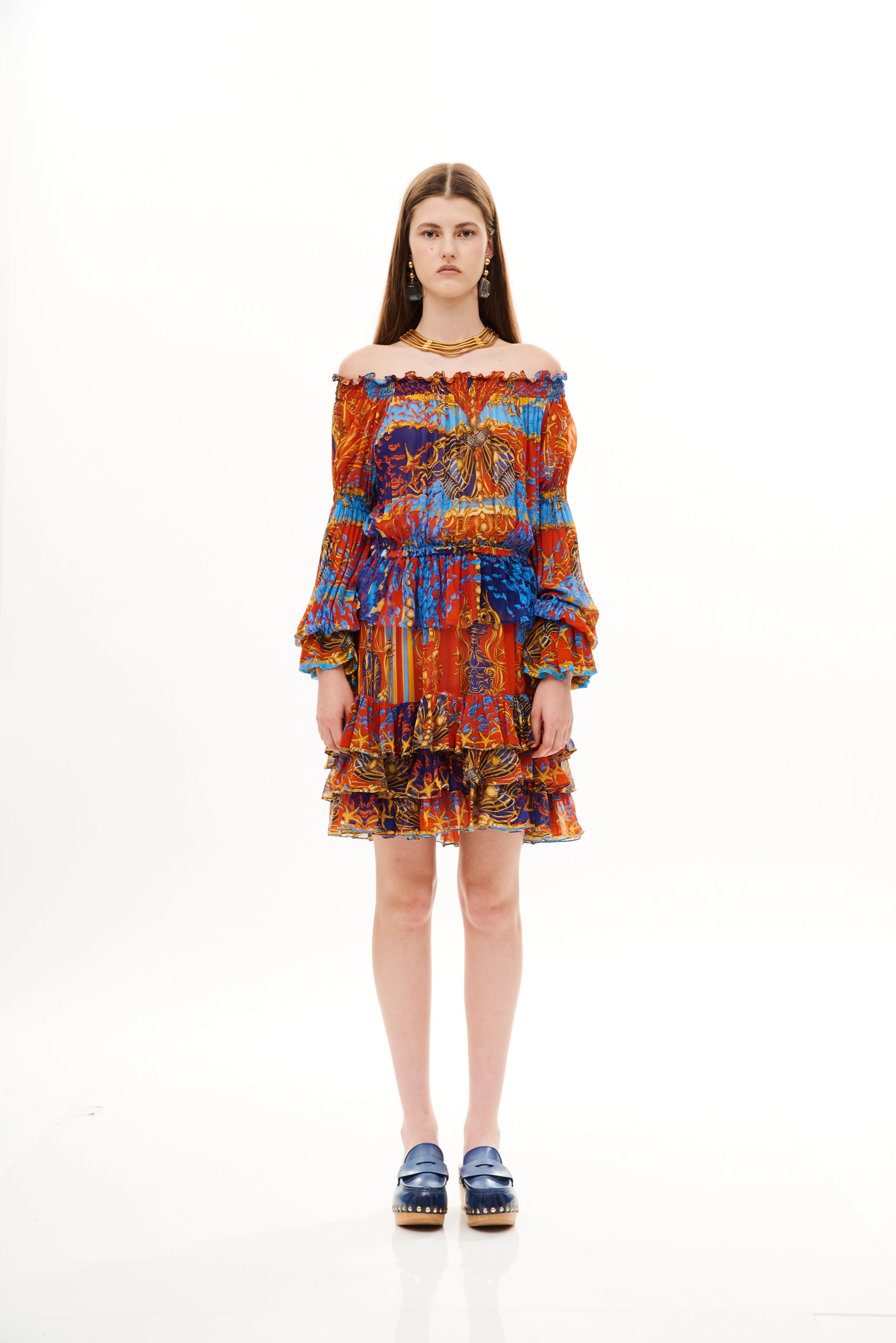 Off Shoulder Ruffle Short Dress Poseidon Dream Sunset in viscose georgette