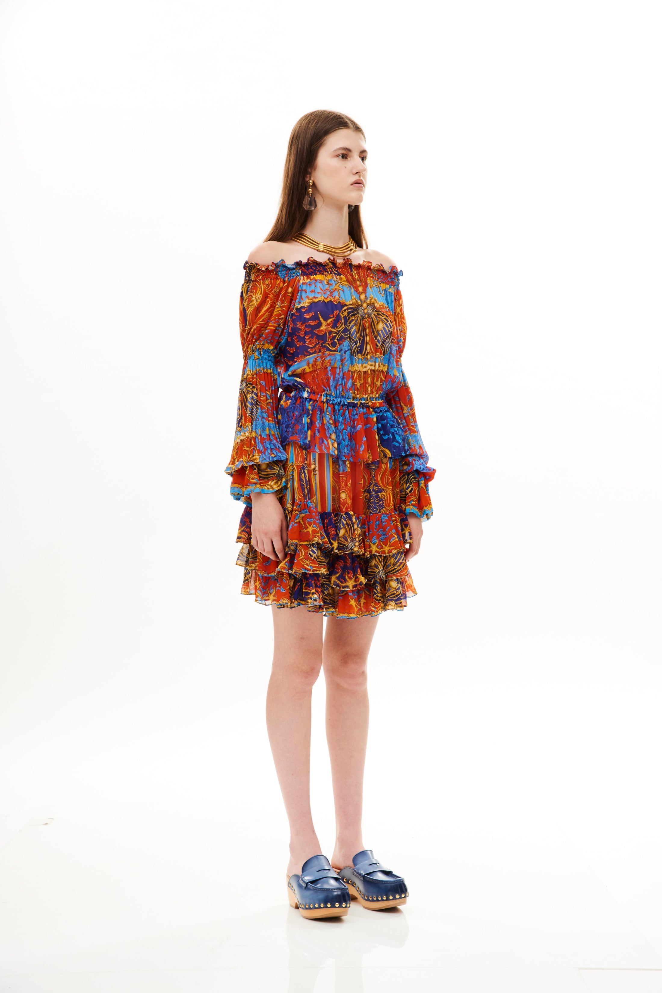 Off Shoulder Ruffle Short Dress Poseidon Dream Sunset in viscose georgette